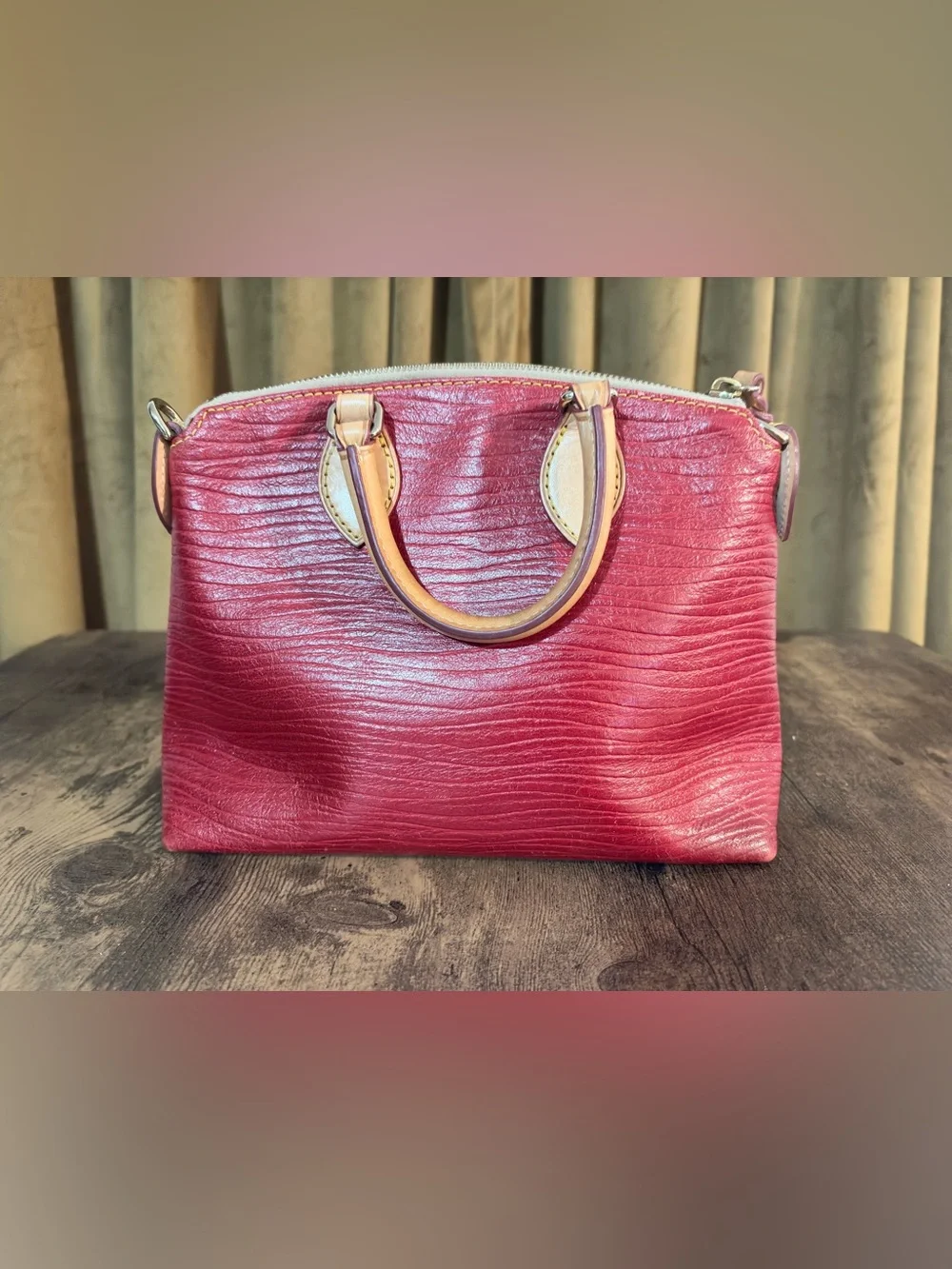 Rare Dooney & Bourke Red Leather Wave Pattern Satchel with Tan Trim